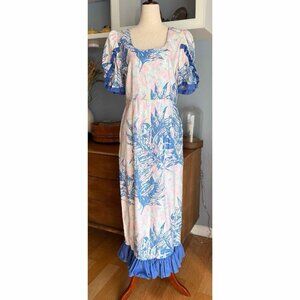 Vintage Mamo Howell for Liberty House Print Muumuu Dress Ruffle Trim Sz M